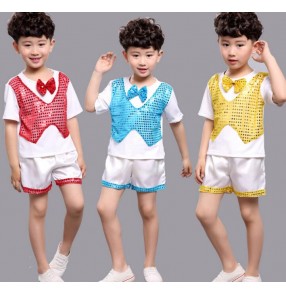 Yellow gold red turquoise blue boys kids kindergarten children modern dance stage performance jazz dance school play costumes outfits